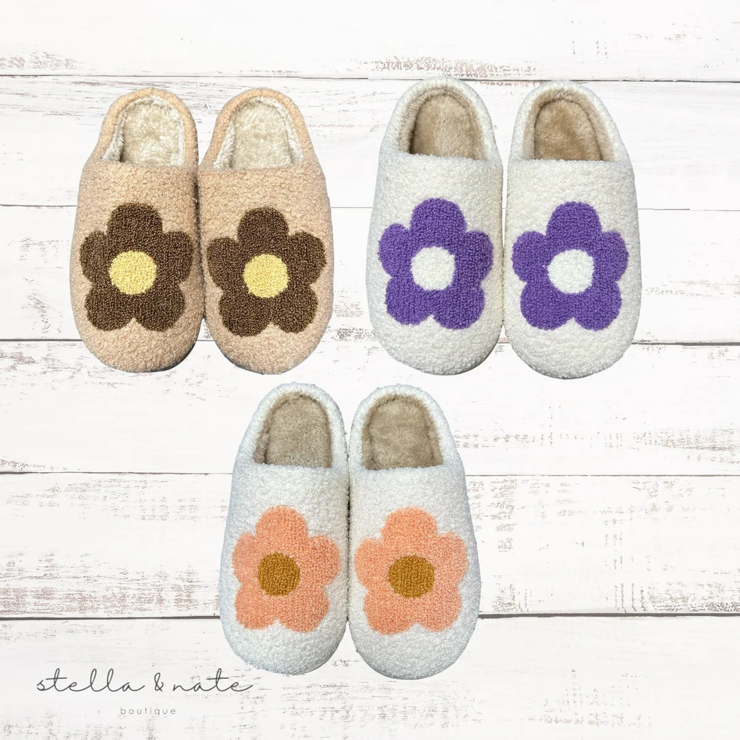 Womens Smiley Slippers, Flower Slippers, Retro Y2K Slippers, Womens Indoor Slippers, Fluffy Cushi... | Etsy (US)