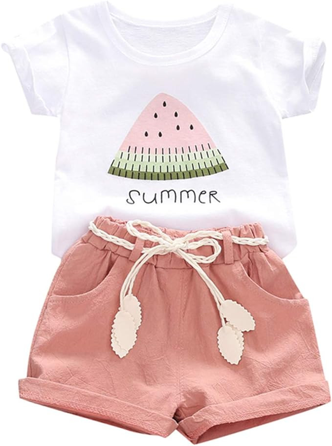 YOUNGER TREE Toddler Baby Girls Clothes Watermelon T-shirt + Linen Shorts with Belt Cute Summer S... | Amazon (US)