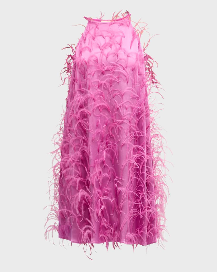 Feather Embellished Doubleface Satin Halter Mini Dress | Neiman Marcus