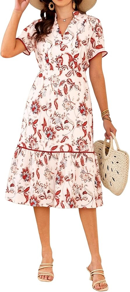 Theenkoln Womens Casual Midi Dress: Short Sleeve V-Neck Empire Waist Gingham Spring Fashion Long ... | Amazon (US)