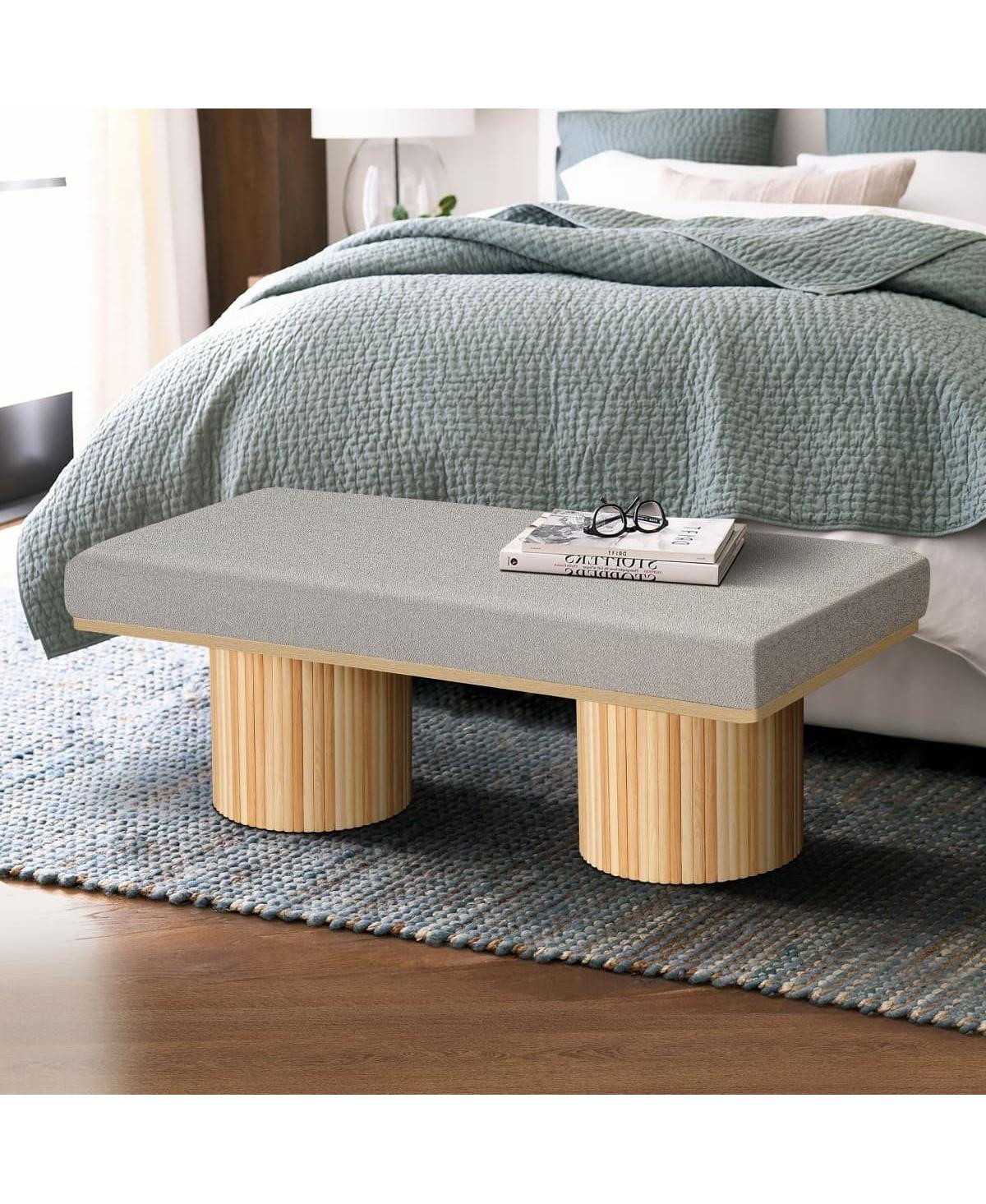 Modern Boucle Upholstered Bench with Chunky Round Wood Legs, Accent Seating for Bedroom, End of Bed, Living Room, or Entryway-The Pop Home - Natural | Macy's