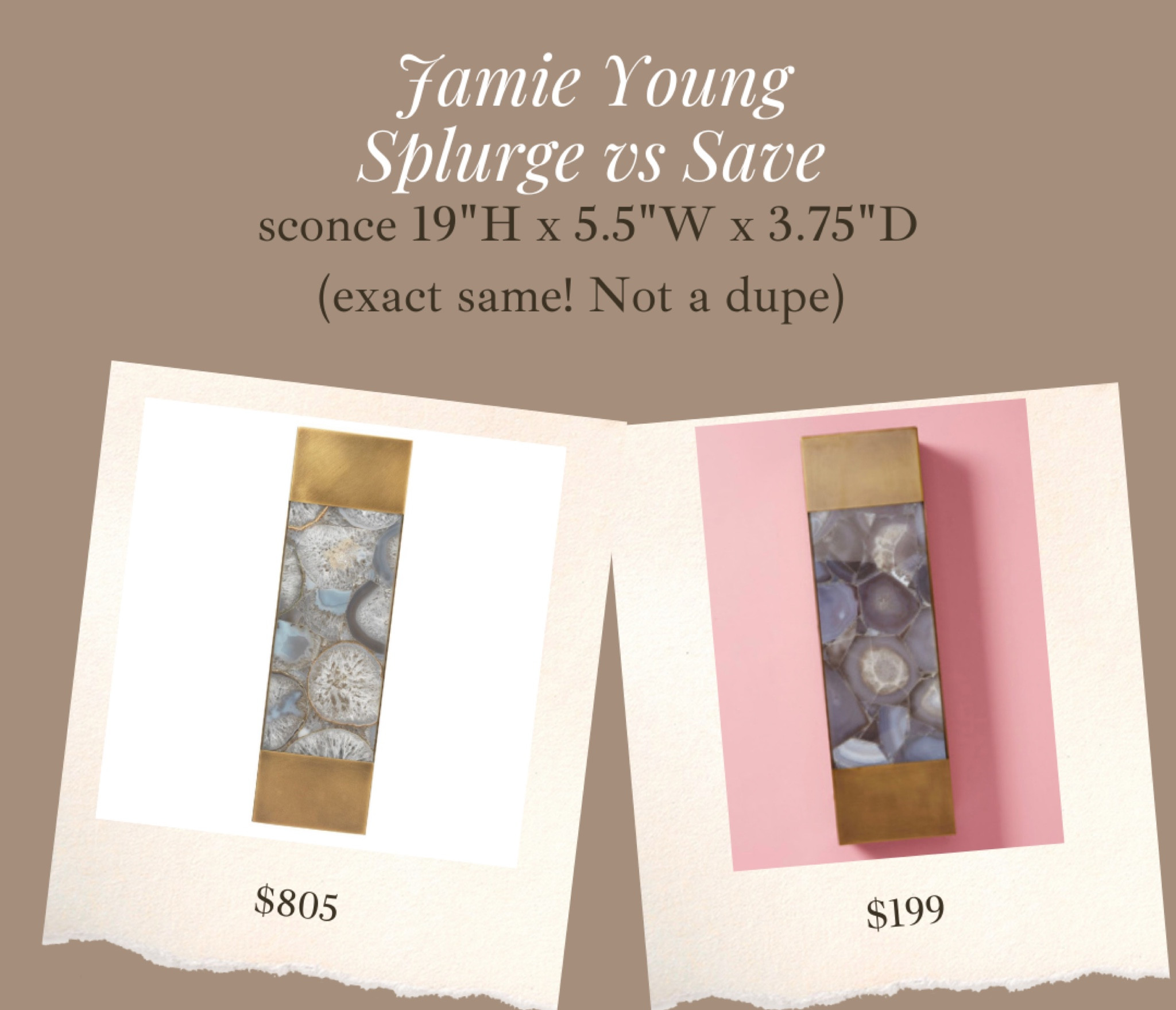 Not a dupe! Exact same agate & metal sconce found for a lot less! Such a great size too 😍 19"H x 5.5"W x 3.75"D