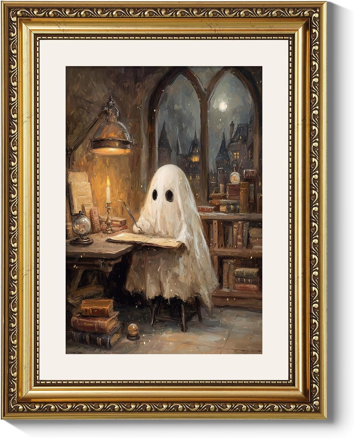 ARPEOTCY Gold Framed Canvas Art, Vintage Halloween Decor, 11x14 Inch, Cute Ghost in Dark Academia Library Decor, Spooky Season Neutral Halloween Wall Decor for Bedroom Living Room | Amazon (US)