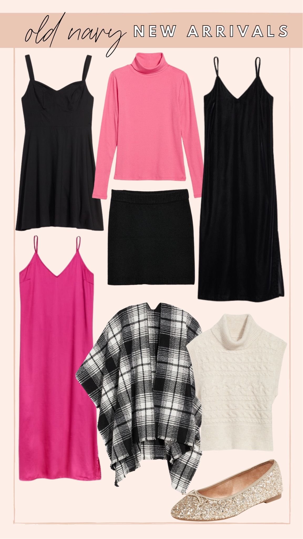 50% off at Old Navy, plaid poncho, pink dress, satin dress, slip dress, sweater vest, glitter flats, pink turtleneck

#LTKunder50 #LTKsalealert