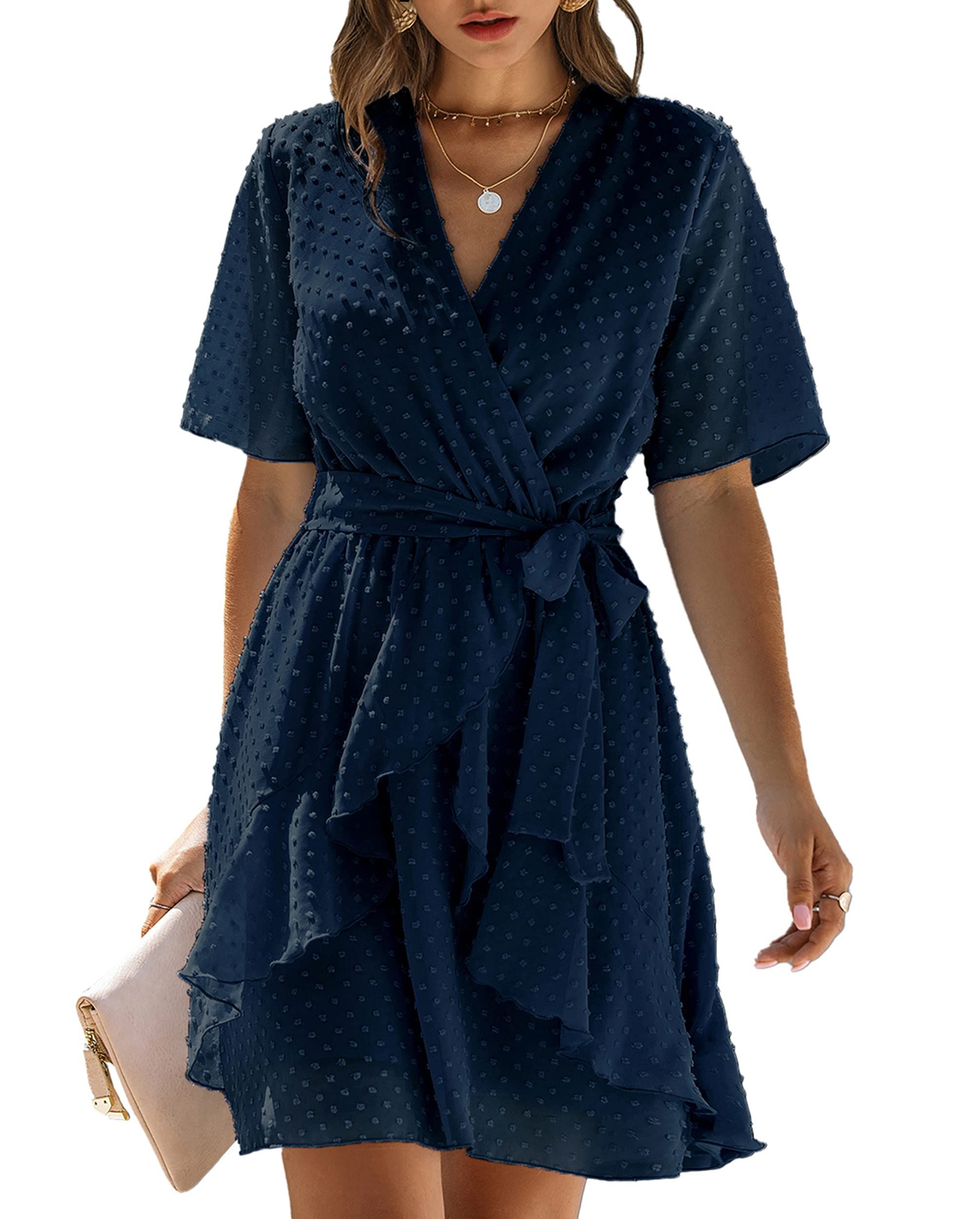 BTFBM Women Fashion Faux Wrap Swiss Dot V-Neck Short Sleeve High Waist A-Line Ruffle Hem Plain Belt  | Amazon (US)