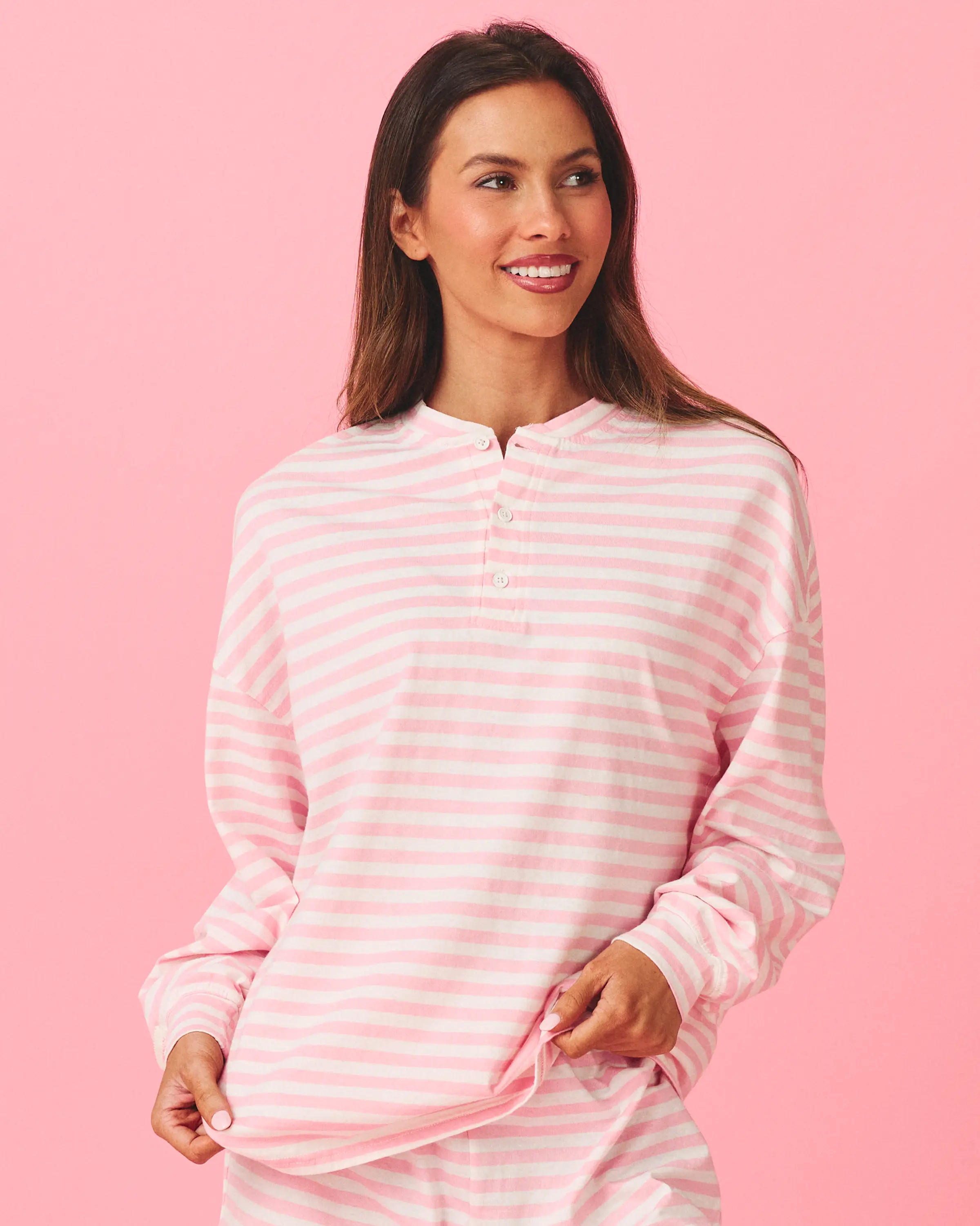 Long Sleeve Striped Henley in Taffy Stripe | Eleven Eleven