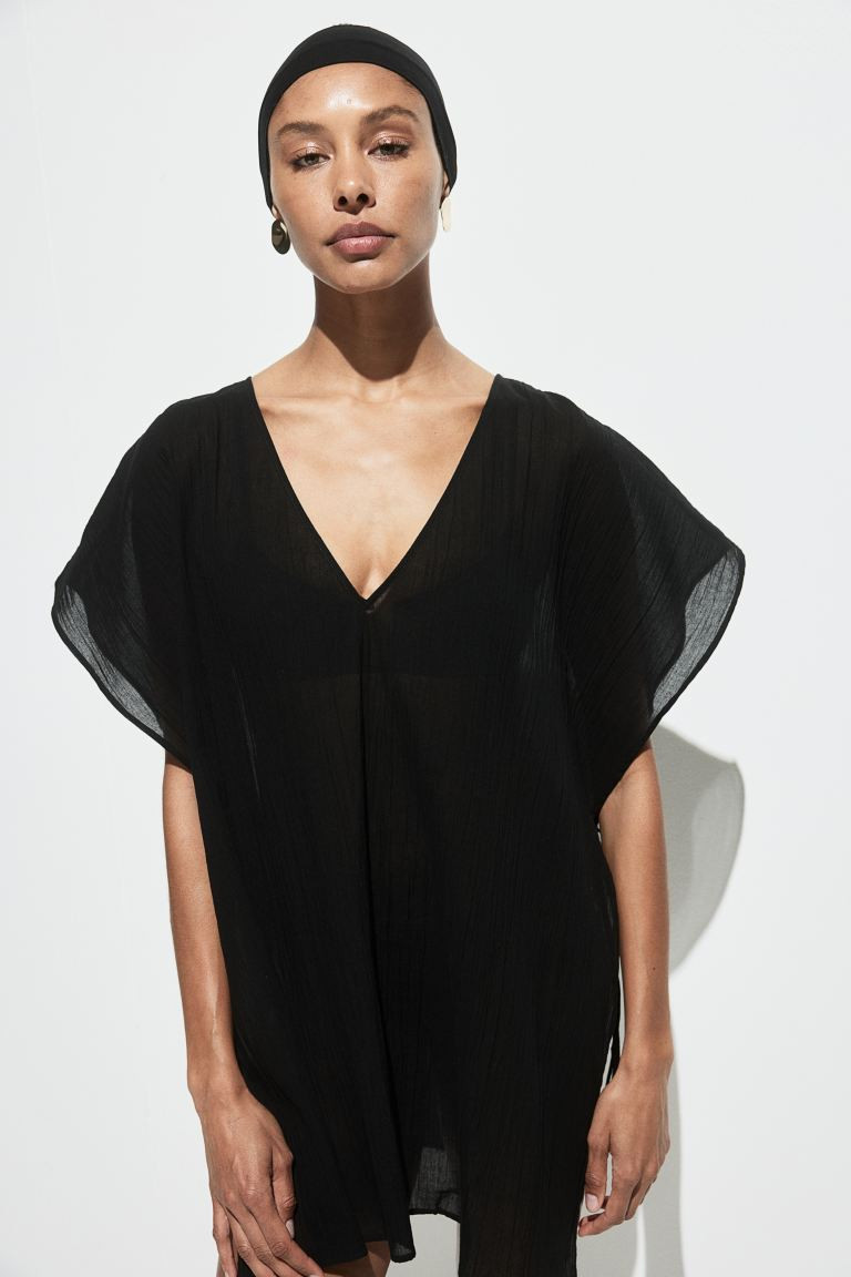 Oversized Beach Kaftan - V-neck - Short sleeve - Black - Ladies | H&M US | H&M (US + CA)
