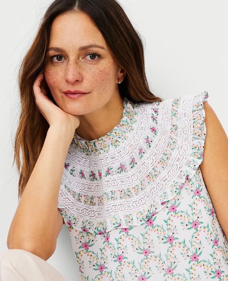 Floral Tiered Lace Ruffle Yoke Shell | Ann Taylor (US)