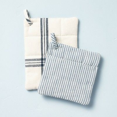 2pc Plaid & Tick Stripe Potholder Set Blue/Sour Cream - Hearth & Hand™ with Magnolia | Target