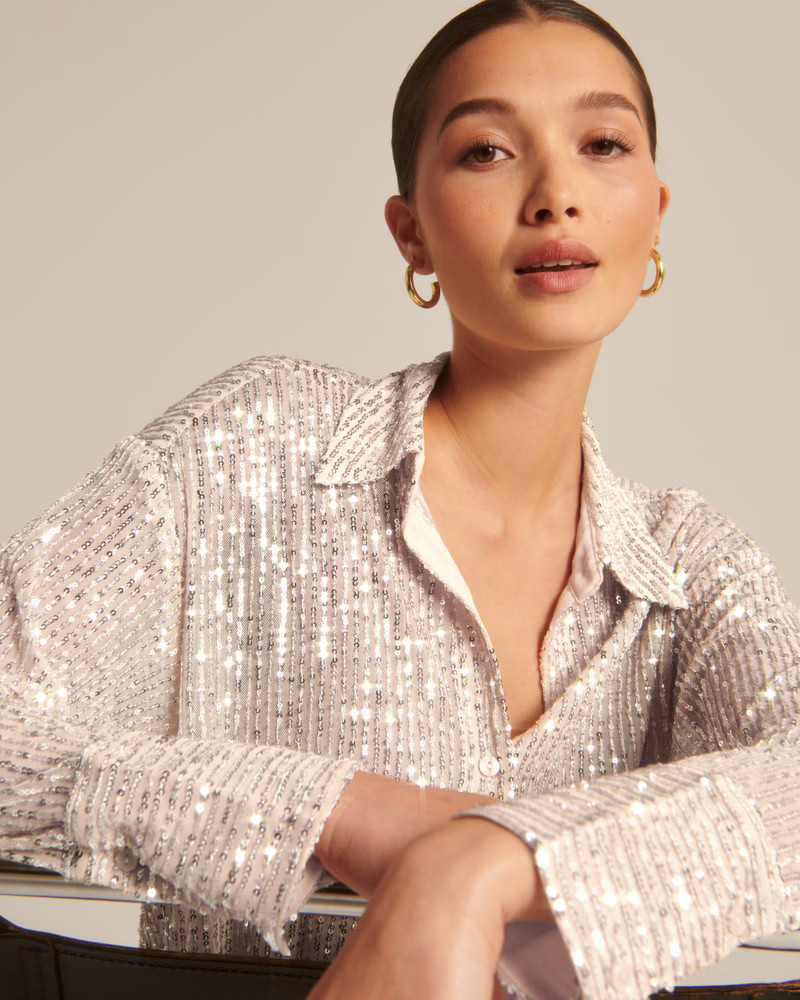 Women's Long-Sleeve Sparkle Button-Up Top | Women's Tops | Abercrombie.com | Abercrombie & Fitch (US)