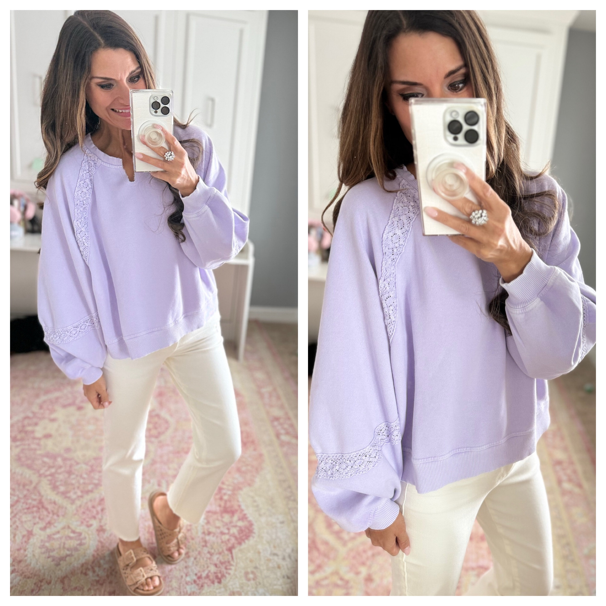 Casual spring look with a purple sweatshirt and white pants 

#LTKStyleTip #LTKFindsUnder100 #LTKFindsUnder50