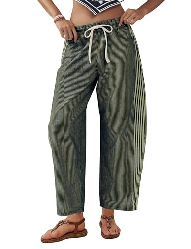 SCUSTY Women's Baggy Wide Leg Jeans Mid Rise Barrel Denim Ankle Pants Casual Striped Pull On Drawstring Trousers with Pockets(BlackBlue-S) | Amazon (US)