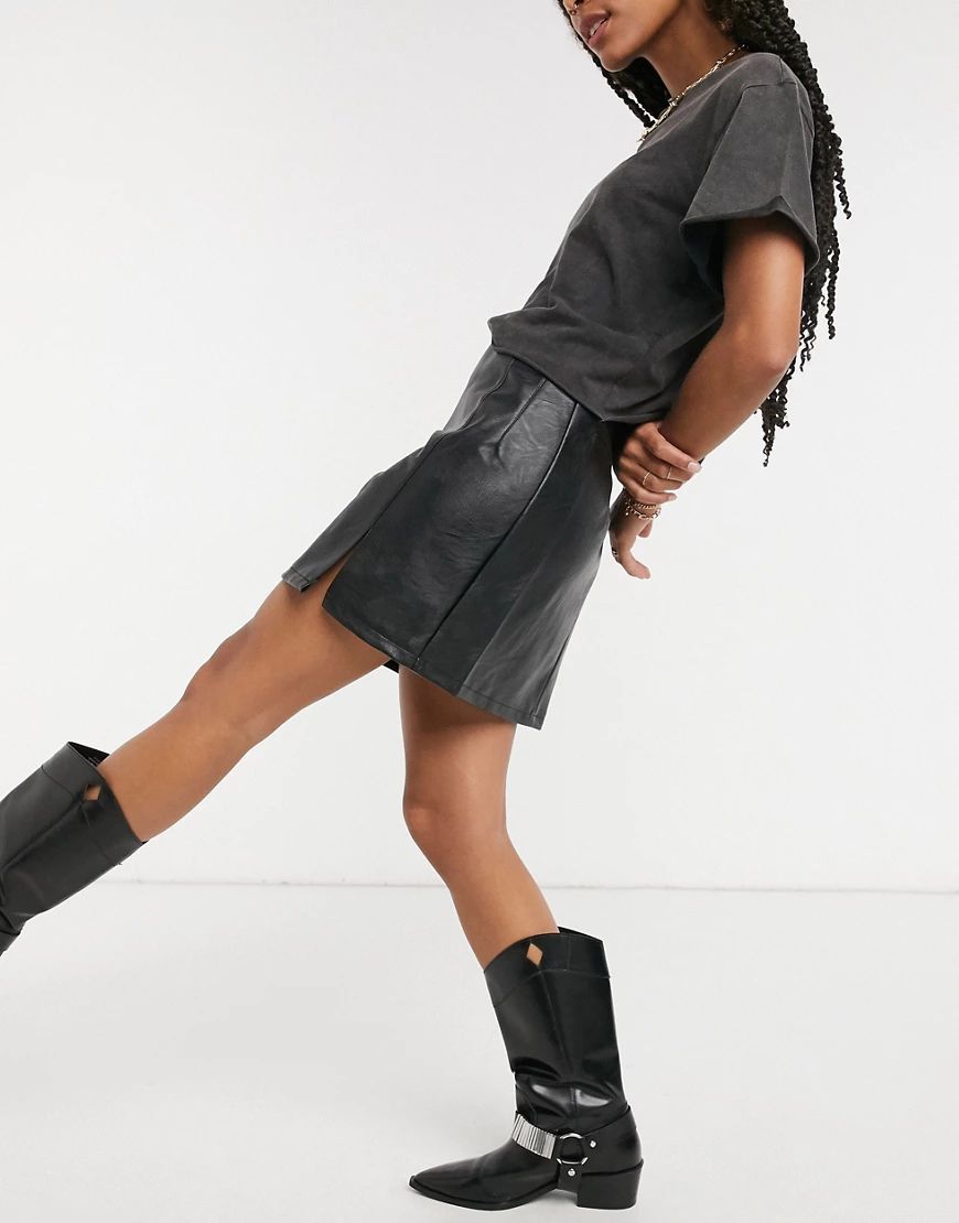 Topshop seam detail faux leather mini skirt in black | ASOS (Global)