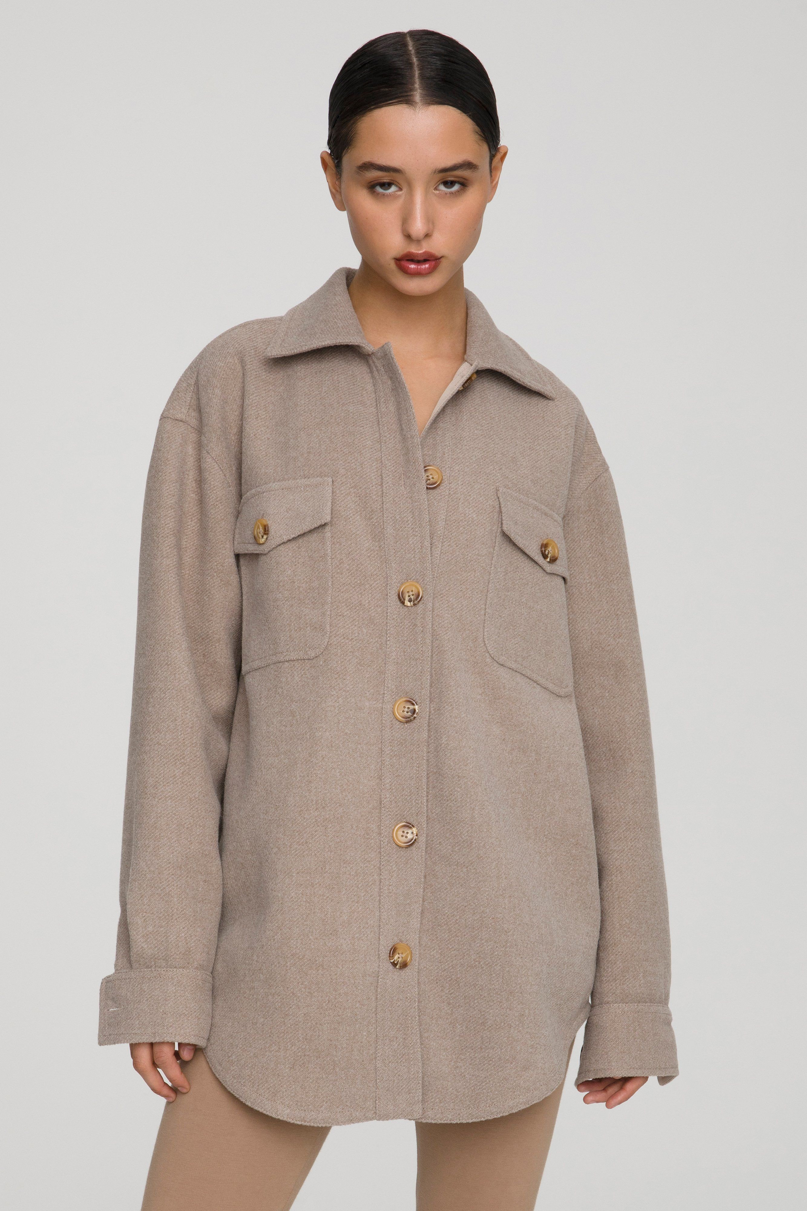 OVERSIZE WOOL SHACKET | HEATHERED SEPIA002 | Good American