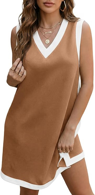 Wenrine Womens V Neck Mini Dress Summer Sleeveless Color Block Loose Fit Slit Casual Tank Dresses | Amazon (US)