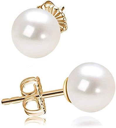 Classic Gold Plated Sterling Silver Round White Simulated Pearl Stud Earrings for Women | Amazon (US)