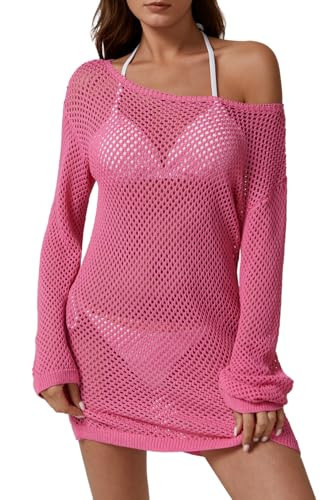 QINSEN Bikini Cover Up for Women Long Sleeve Boat Neck Crochet Swimwear Vacation Outfits Magenta M | Amazon (US)