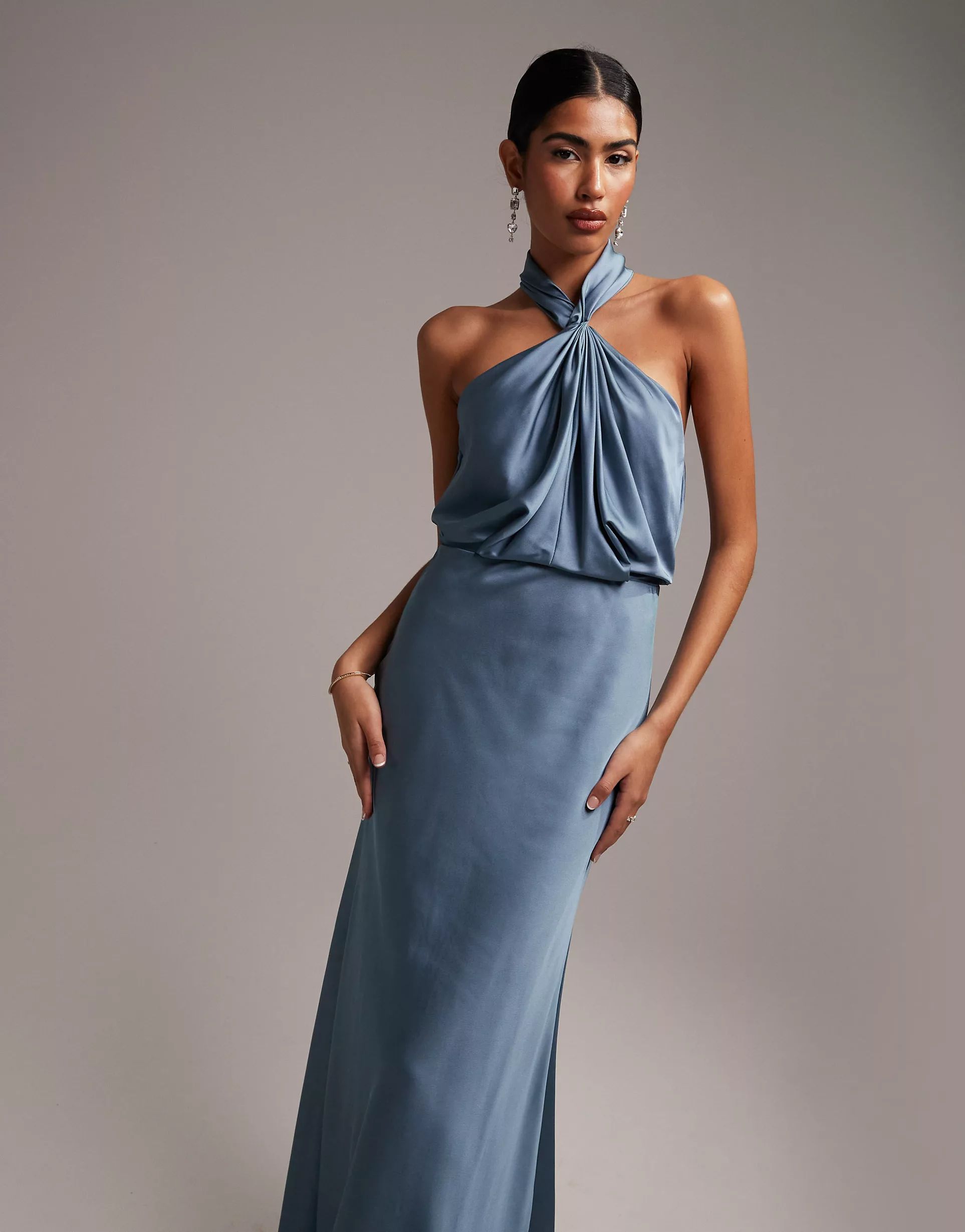 ASOS EDITION satin ruched halter neck maxi dress in dusky blue | ASOS (Global)