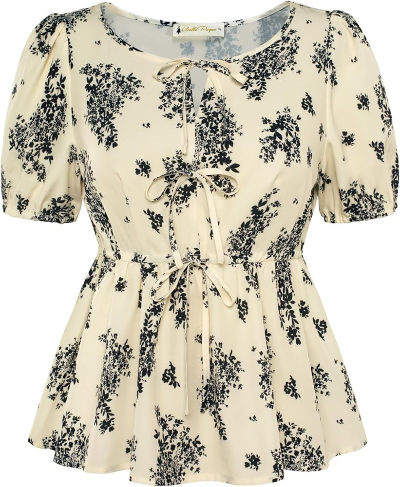 Belle Poque Tie Front Floral Peplum Tops for Women Short Sleeve Blouses Dressy Casul Summer Sprin... | Amazon (US)