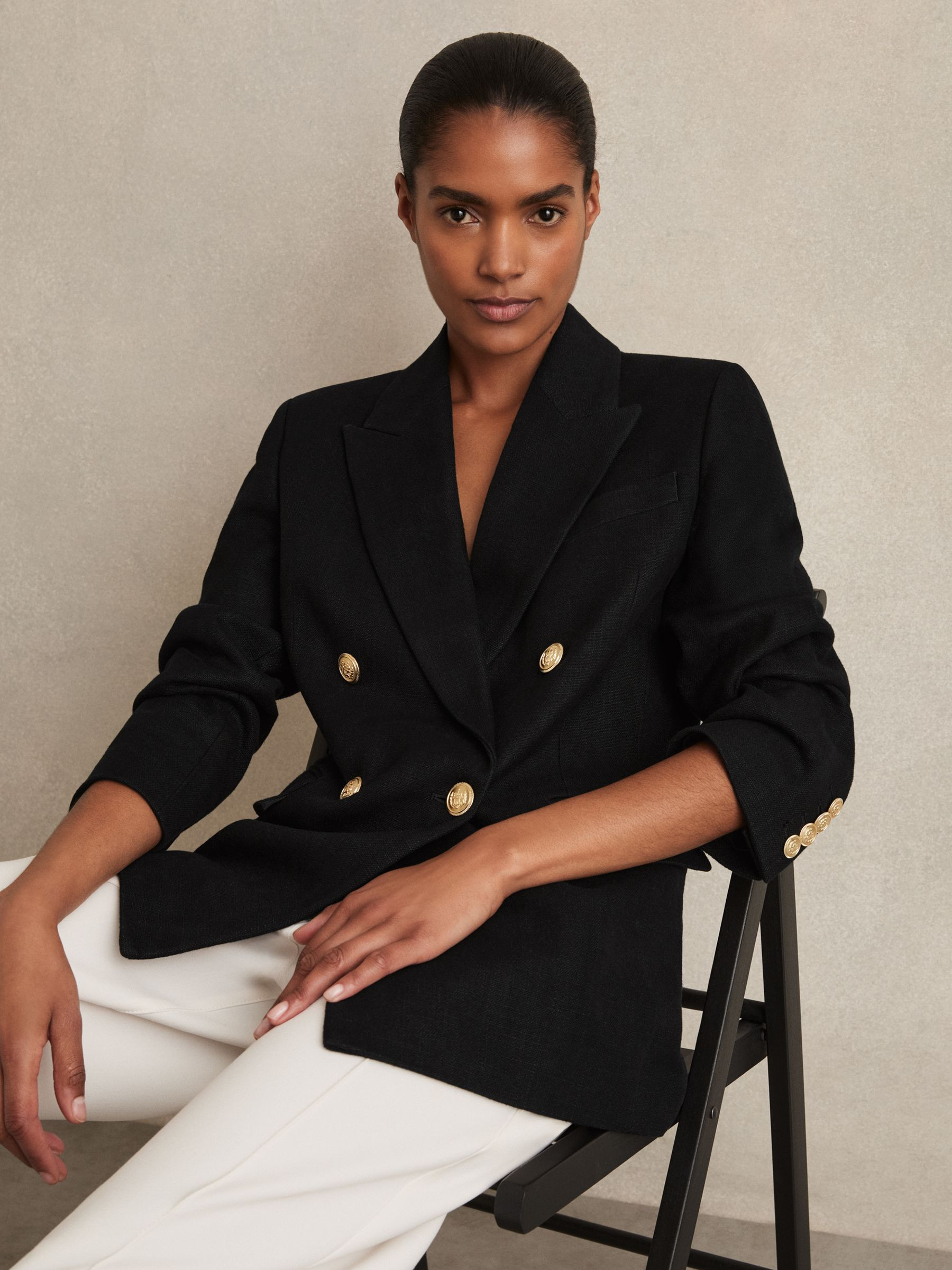 Reiss Oversized Double-Breasted Blazer Linen-Blend in Black - REISS | Reiss UK