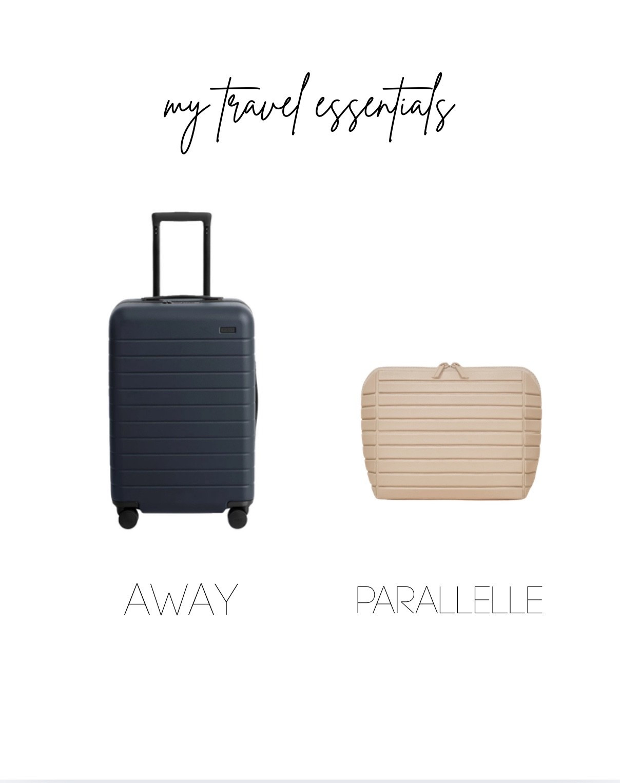 Two travel non-negotiables. My Away carry-on has been everywhere with me — and the Parallelle toiletry bag is the most beautiful way to stay organised on the road. Both linked.