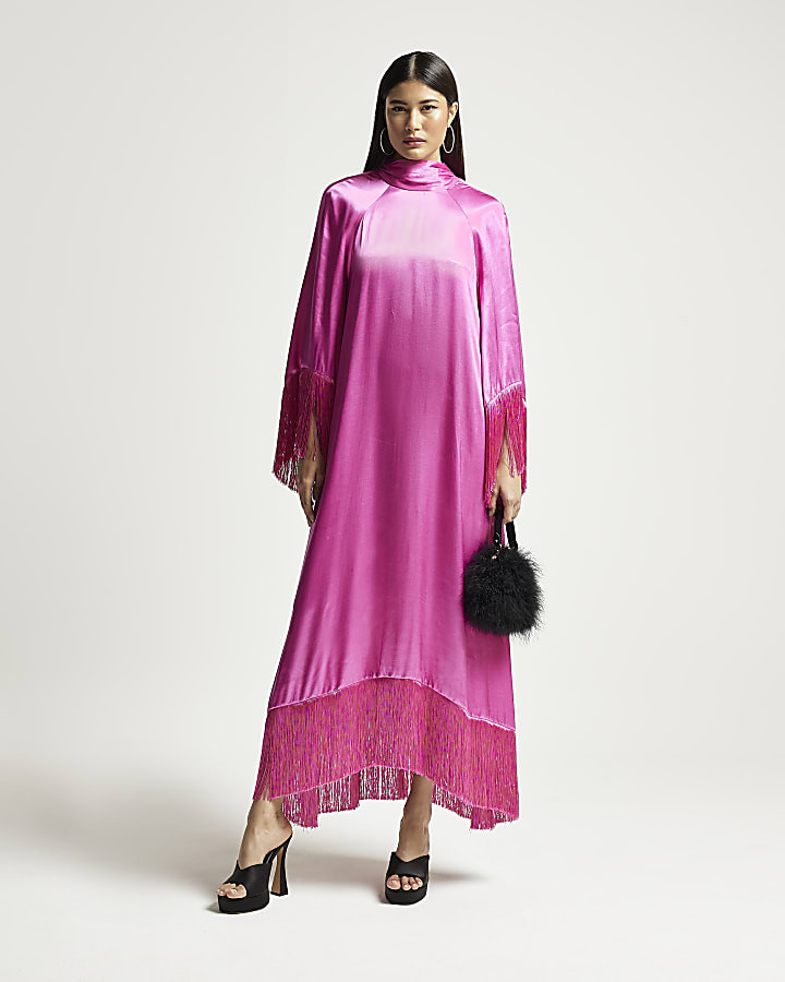Pink RI Studio satin fringe maxi dress | River Island (UK & IE)