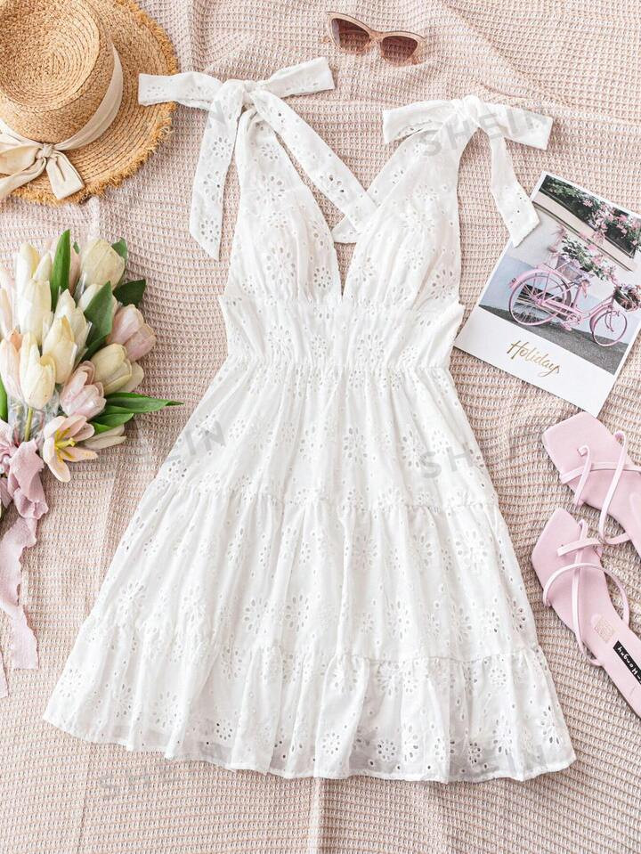 SHEIN WYWH WYWH Casual Ladies' Embroidered Hollow Texture A-Line Dress With Straps, Perfect For V... | SHEIN