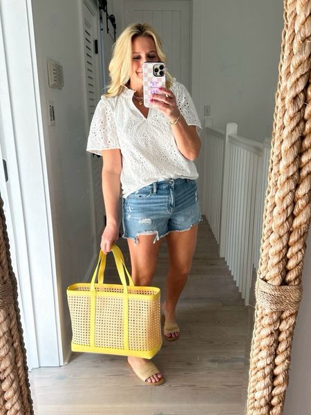 A great eyelet white top!! Paired with my favorite denim jean shorts. Wearing small top and 27 jeans. Code FANCY15 for 15% off the top

#LTKstyletip #LTKfindsunder50 #LTKSeasonal