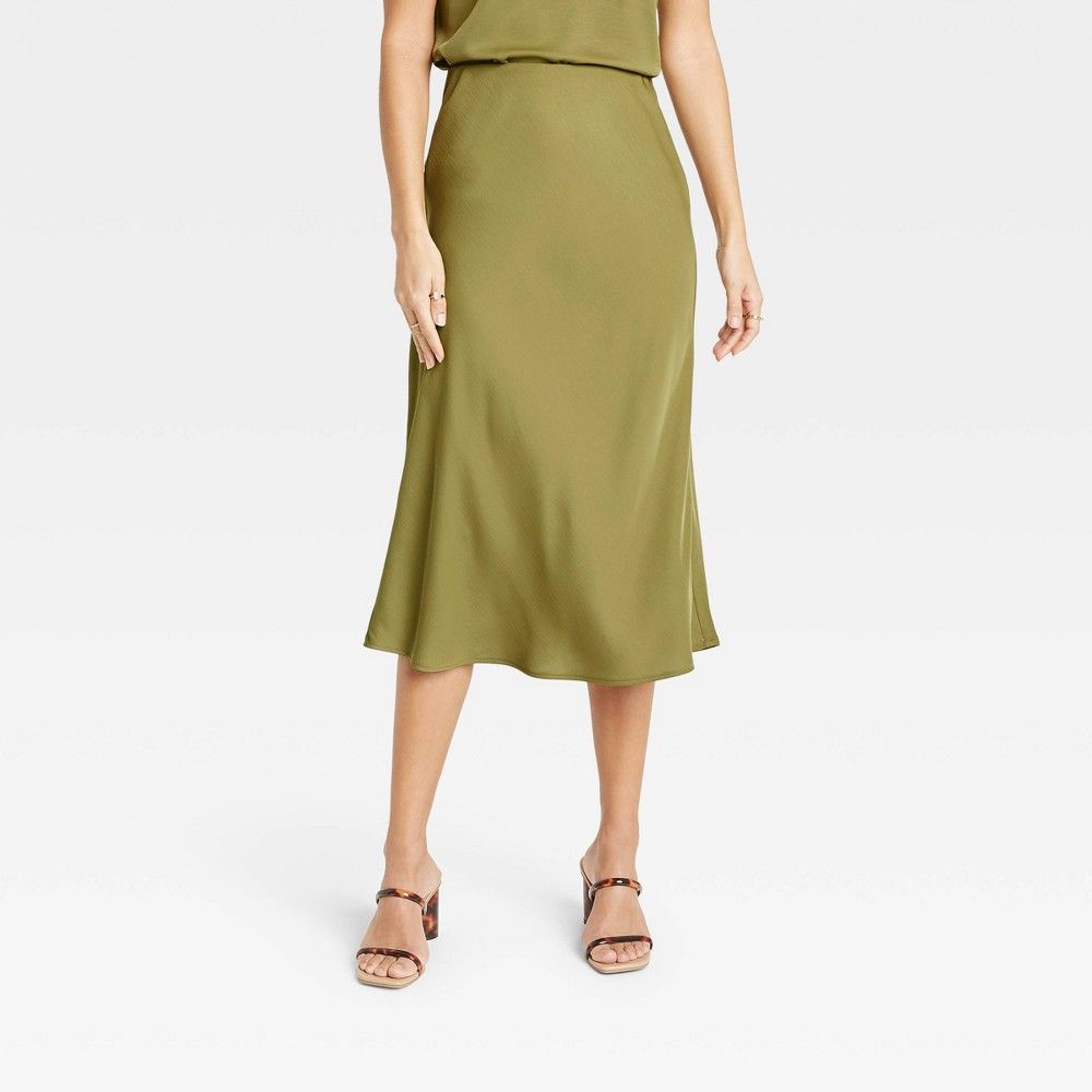 Women's High-Rise Midi Slip A-Line Skirt - A New Day Olive XS, Green | Target