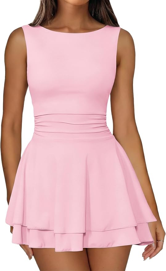 IWD Women's Boat Neck Sleeveless Mini Dress Ruched Waist Flowy Tiered Ruffle Hem A Line Party Sho... | Amazon (US)