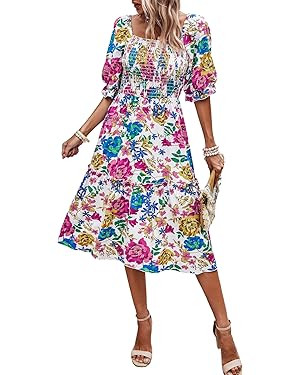 PRETTYGARDEN Women's Summer Casual Midi Dress Spring Puff Sleeve Square Neck A-line Flowy Boho Fl... | Amazon (US)