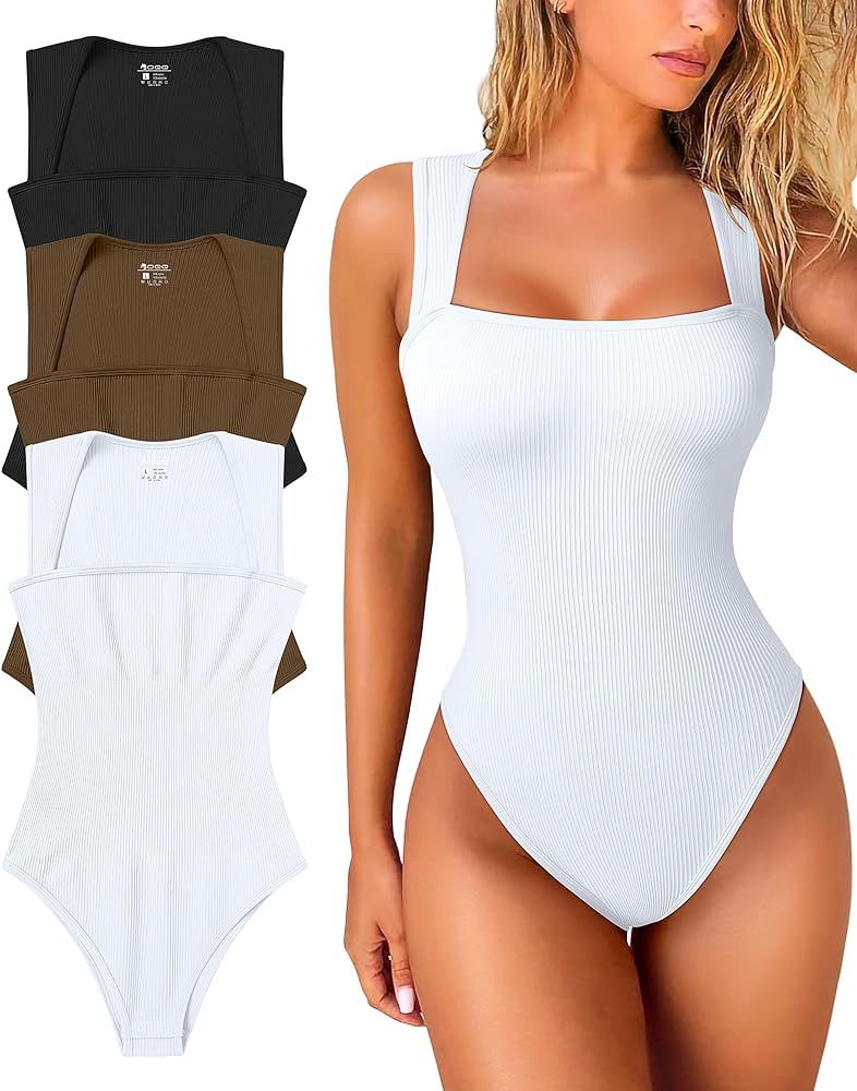 OQQ Women's 3 Piece Bodysuits Sexy Ribbed Strappy Square Neck Sleeveless Tummy Control Tank Tops ... | Amazon (US)