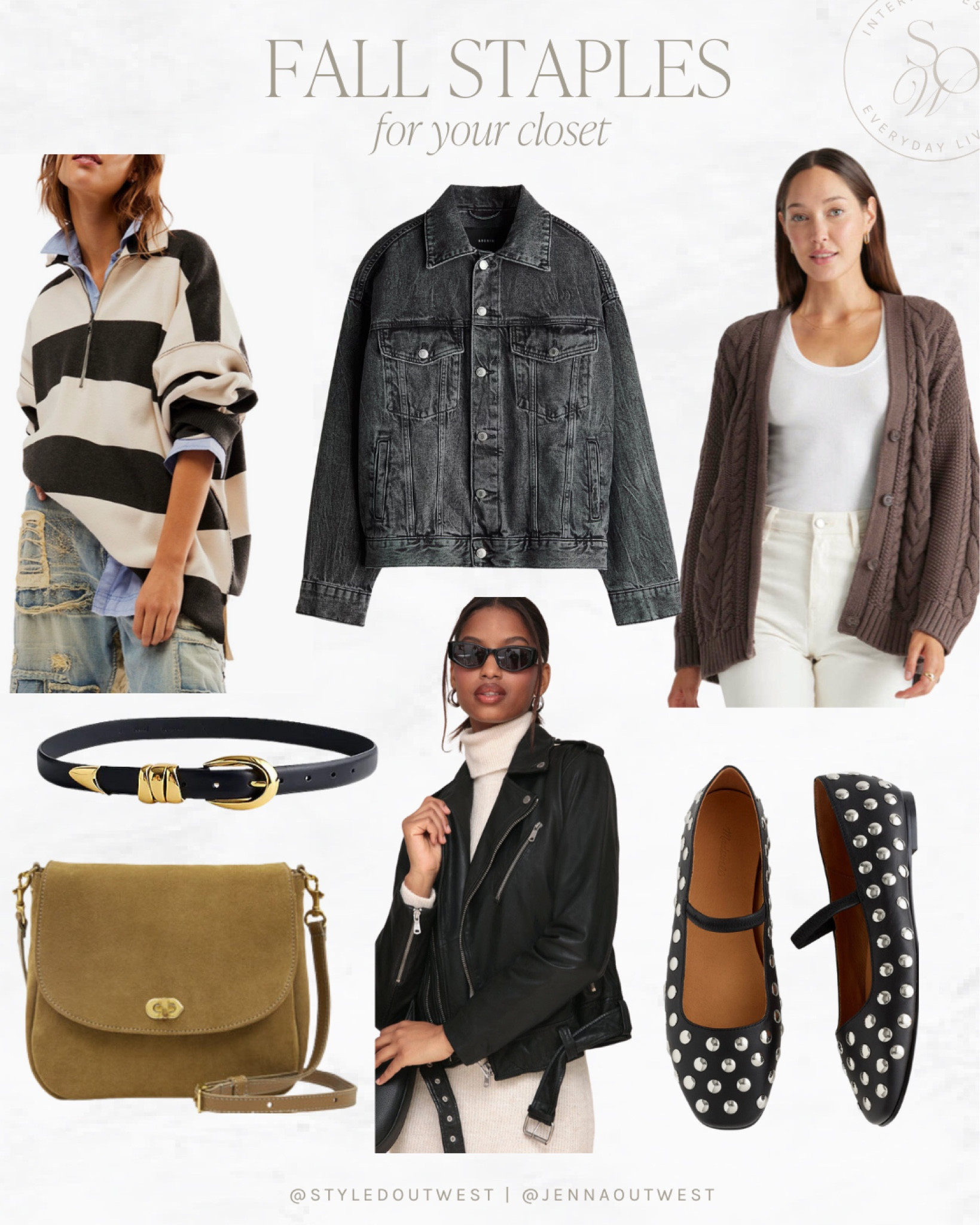 Fall closet staples 
Striped knit sweater 
Black denim jacket (runs a tad oversized but I got my true size)
Free people sweater dupe under $100
Belt with gold detail 
Suede bag (on my wishlist)
Leather moto jacket 
Stud ballet flats 

#LTKShoeCrush #LTKItBag #LTKFallSale