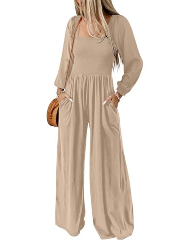 Dokotoo Womens Overalls Apricot Jumpsuits for Women Casual Loose Fit Solid Color Wide Leg One Piece Long Sleeve Jumpsuit Long Pant Rompers with Pockets Fashion Medium | Amazon (US)