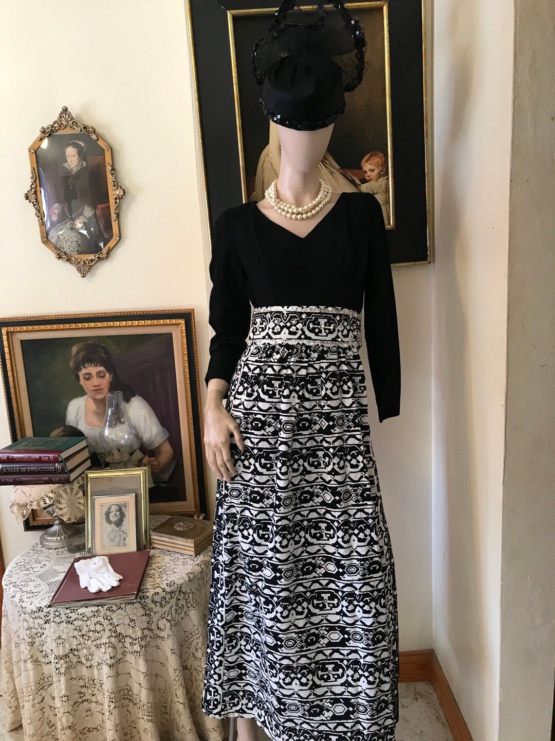 Vintage 70s Stunning Black White Embellished Ladies Elegant  Hostess Gown Maxi Dress Size SMall | Etsy (US)