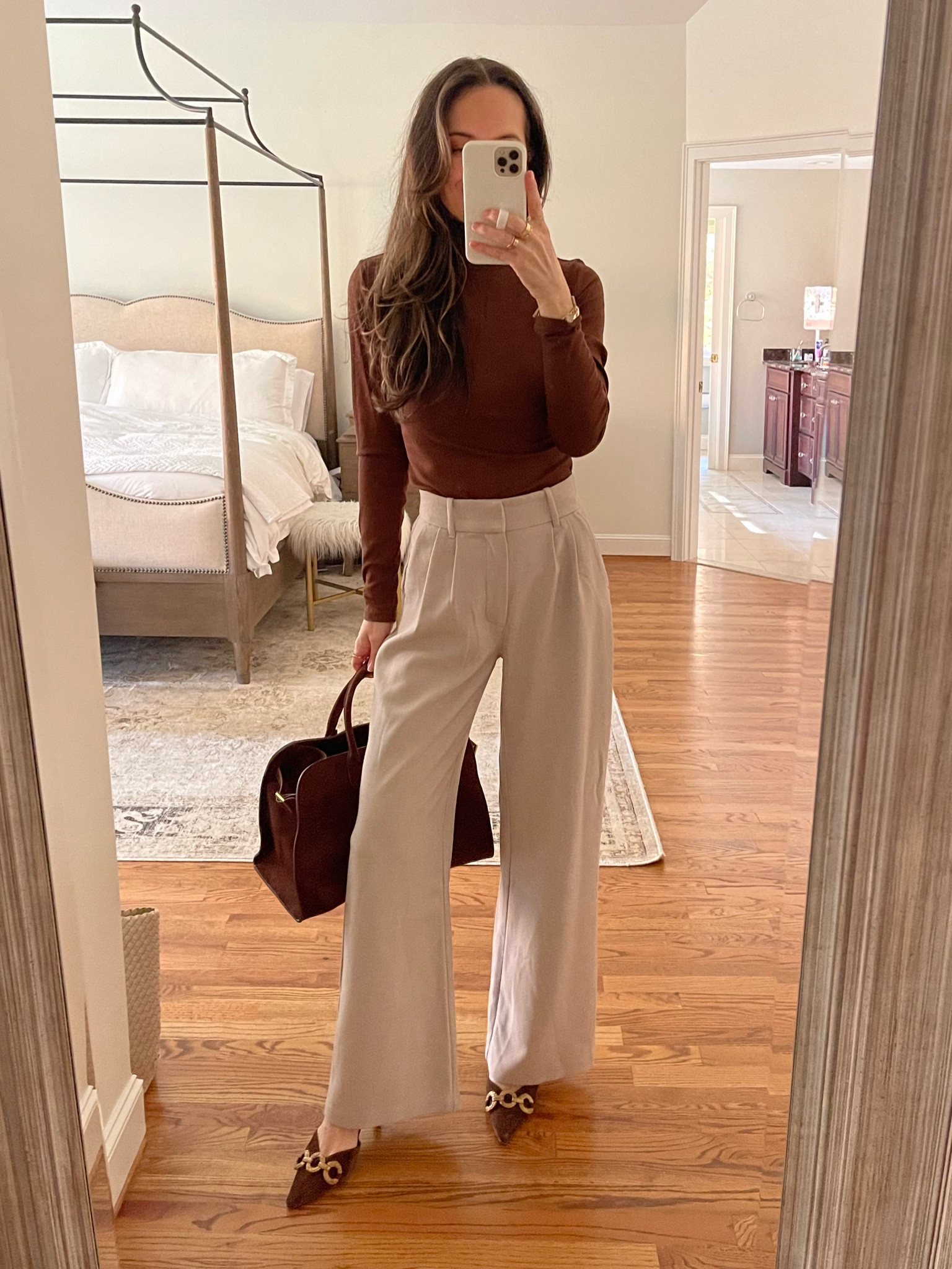 Chocolate brown and tan work outfit with Abercrombie Sloane tailored pants (wearing 25, run true). Ribbed turtleneck runs true (wearing S)  

#LTKSeasonal #LTKStyleTip #LTKFindsUnder50