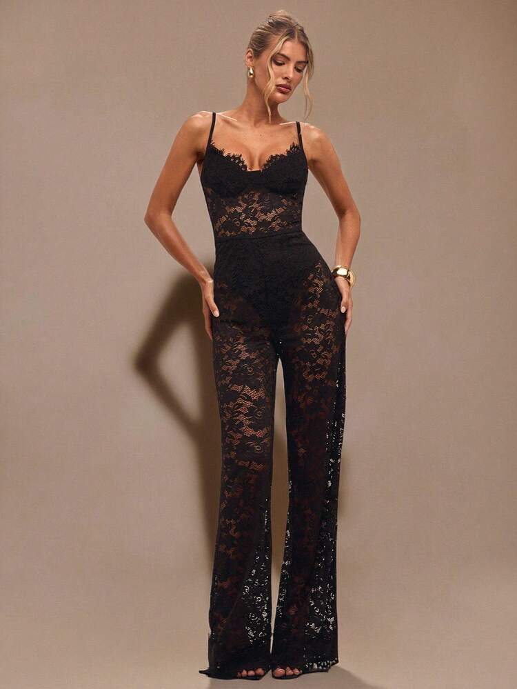 SHEIN BAE Black Sheer Lace Sleeveless Jumpsuit, Elegant Going Out Outfit For Daily, Date, Party, Asymmetric Wide Leg Jumpsuit, Suitable For Spring/Summer,Valentine's Day,Valentine Outfits For Women | SHEIN