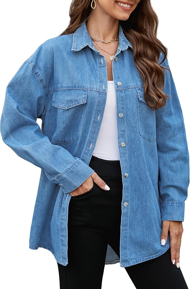Ladyful Women's Boyfriend Denim Shirt Casual Baggy Button Down Jean Blouse Top | Amazon (US)