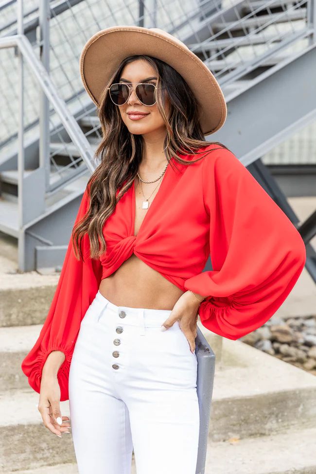 Bring You Joy Red Tie Front Cropped Blouse | Pink Lily