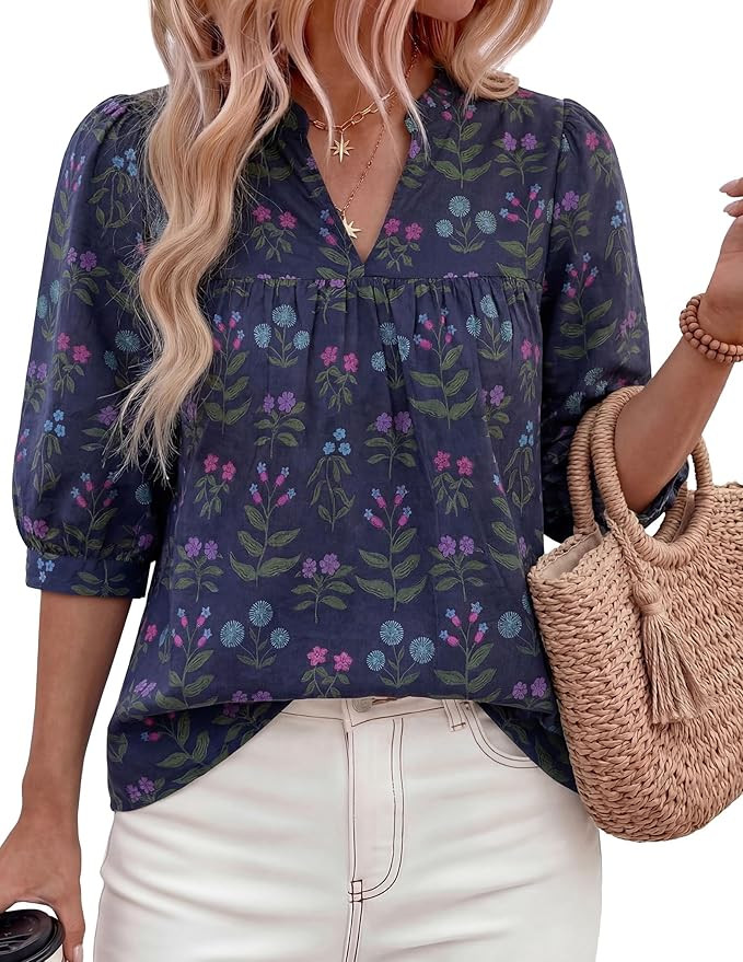 PRETTYGARDEN Women's 2026 Summer Floral Blouses Dressy Casual Half Sleeve V Neck Going Out Boho T... | Amazon (US)