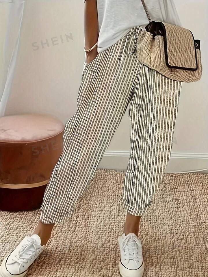 SHEIN LUNE Striped Slanted Pocket Casual Straight Pants | SHEIN