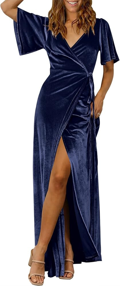 ANRABESS Women's V Neck Wrap Velvet Maxi Dress Bell Sleeve Split Bridesmaid Cocktail Party Dresse... | Amazon (US)