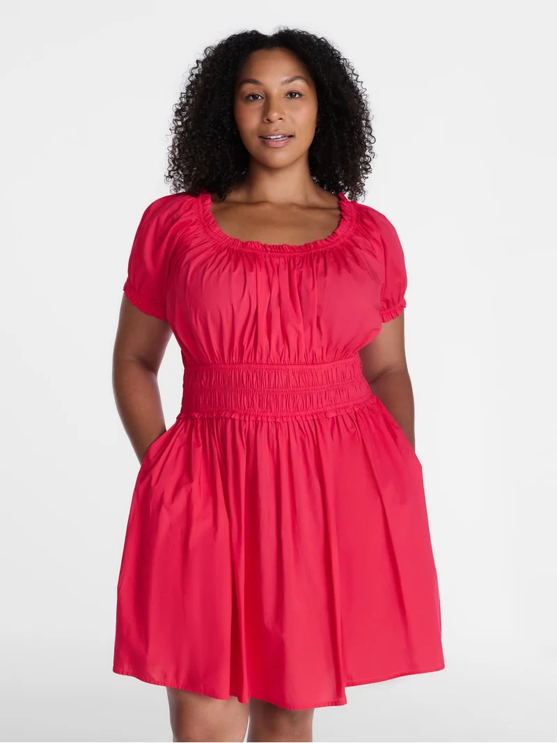 Time and Tru Women's and Women's Plus Cotton Peasant Mini Dress With Puff Sleeves, Sizes XS-4X | Walmart (US)