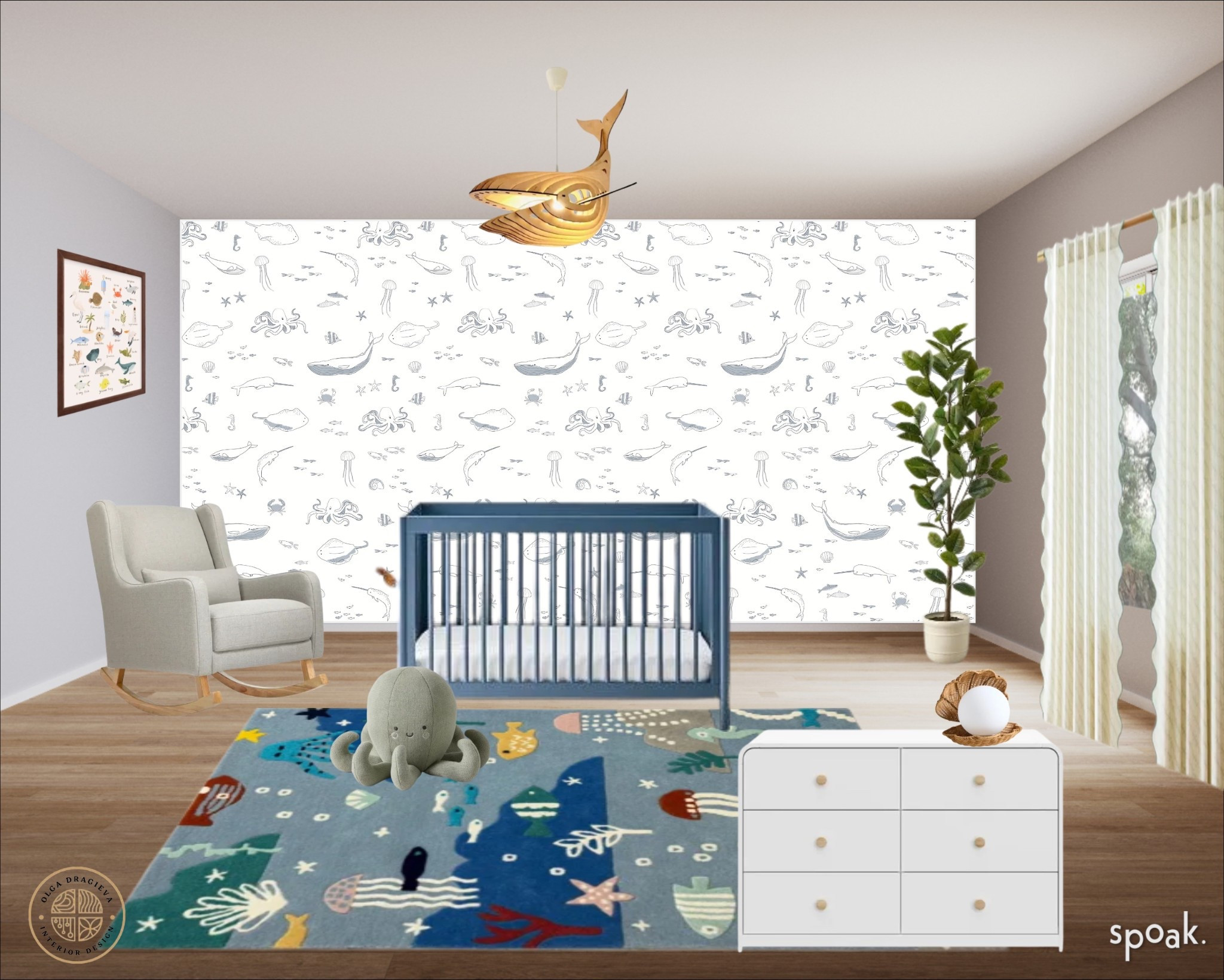 Cute ocean-inspired nursery design/mood board. I love this fun rug and the whimsical wallpaper. And how cool is this whale pendant? Blue convertible crib and white dresser. #homedecor #nurseryroom 

#LTKHome #LTKBaby #LTKBump