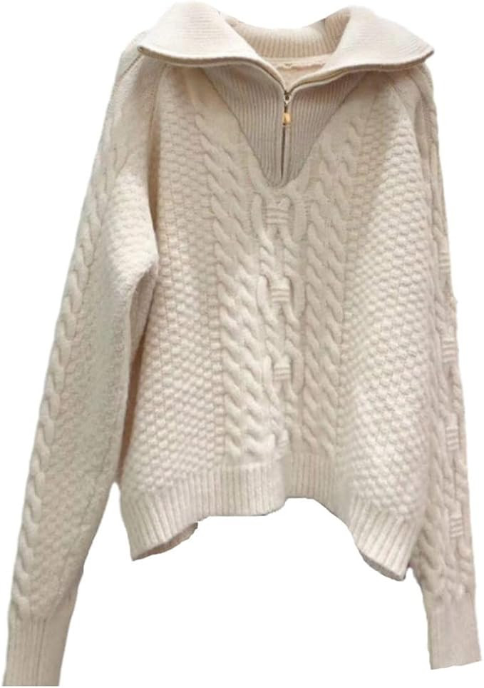 Women Winter Half Zipper Loose Pullover Sweater Autumn Casual Long-Sleeved Oversized Cable Knitte... | Amazon (US)