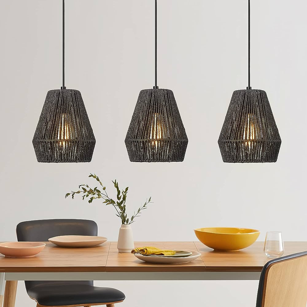 ELYONA Modern Woven Pendant Light Fixtures, 7" Farmhouse Coastal Hanging Lamp, Matte Black Handwo... | Amazon (US)