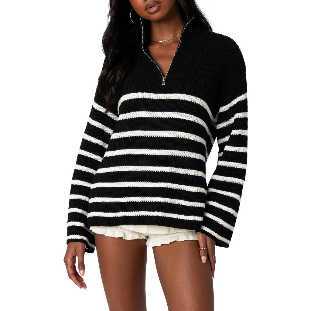 EDIKTED Stripe Oversize Quarter Zip Sweater in Black-And-White at Nordstrom, Size X-Small | Nordstrom
