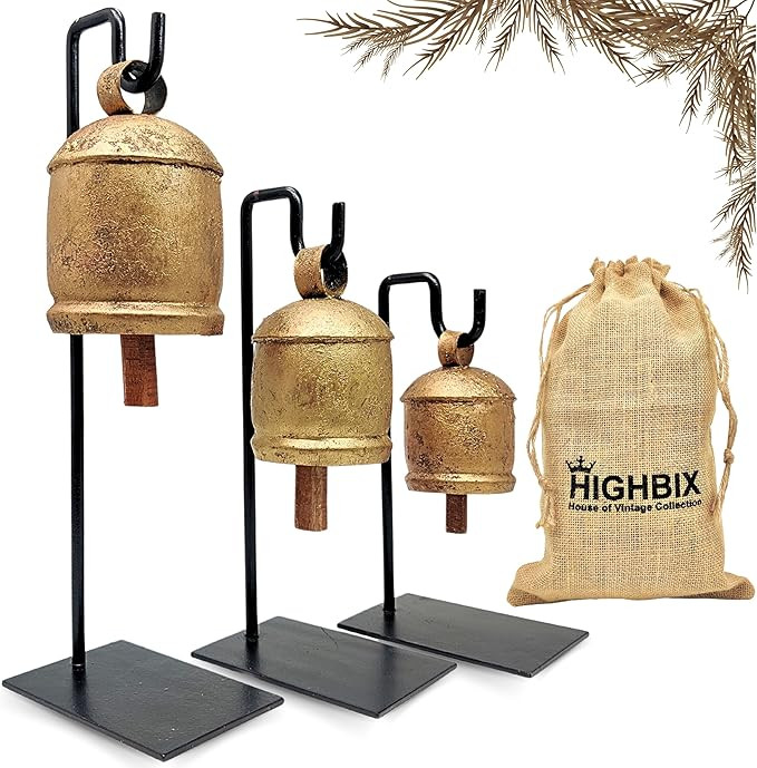 HIGHBIX Vintage-Style Rustic Handmade Christmas Jingle Cowbells with Metal Stand Set of 3 Farmhou... | Amazon (US)