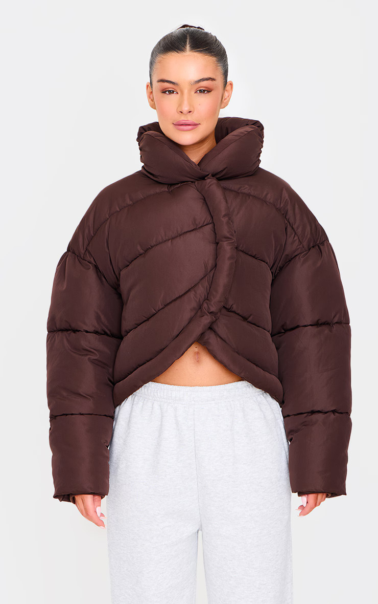 Chocolate Brown Quilted Asymmetric High Neck Puffer Jacket | PrettyLittleThing UK