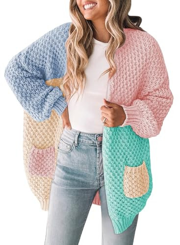 Pink Queen Colorful Cardigan Lantern Long Sleeve Open Front Pink and Green Sweater Coats with Pockets M | Amazon (US)